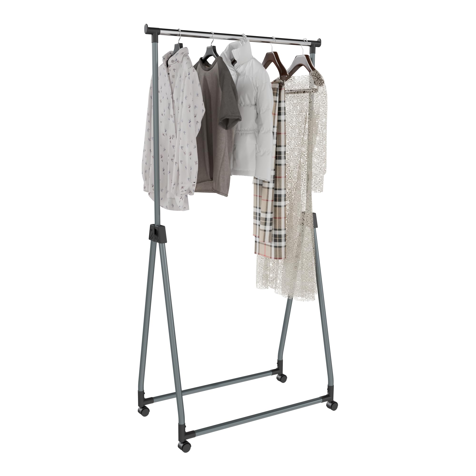 whitmor foldable garment rack - rolling clothes rack - adjustable height garment rack, heavy duty foldable clothes rack with adjustable hanging rod for home office- silver & black