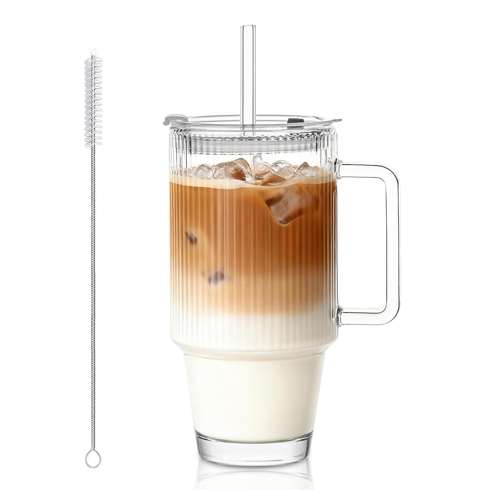 KEMORELA 24 Oz Ribbed Glass Tumblers with Lids and Straws Tumbler Cup with Handle Iced Coffee Glassware Clear