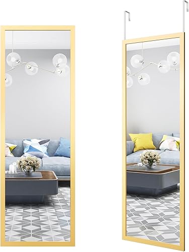 Espejo de puerta colgante, espejo de cuerpo completo, espejo de pared de longitud completa, 44 x 16 pulgadas, dorado montado en la pared, espejo de