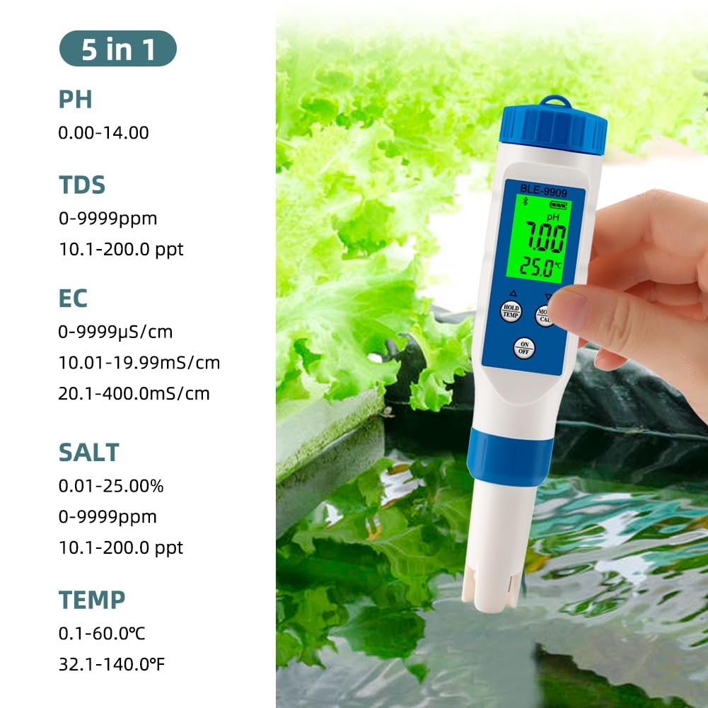 Electrodo de Medidor de PH Digital, termómetro de Probador de Calidad del Agua de Acuario, medidor de PH/EC/salinidad/Temperatura/TDS, Control por aplicación for Piscina