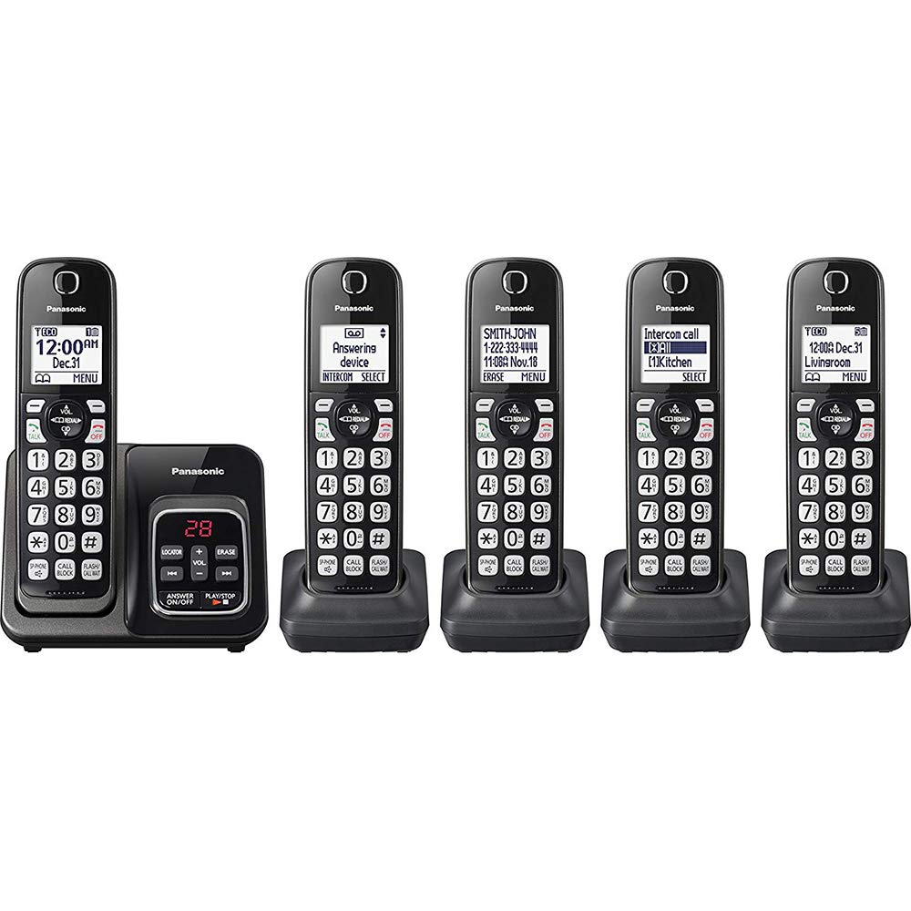 PANASONIC Expandable Cordless Phone System with Call Block and Answering Machine - 5 Cordless Handsets - KX-TGD535M (Metallic Black)