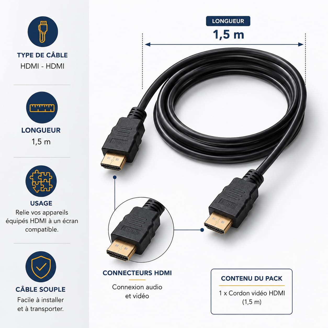 Cordon vidéo HDMI - Câble de 1.5m - Image & Son - Lot de 1