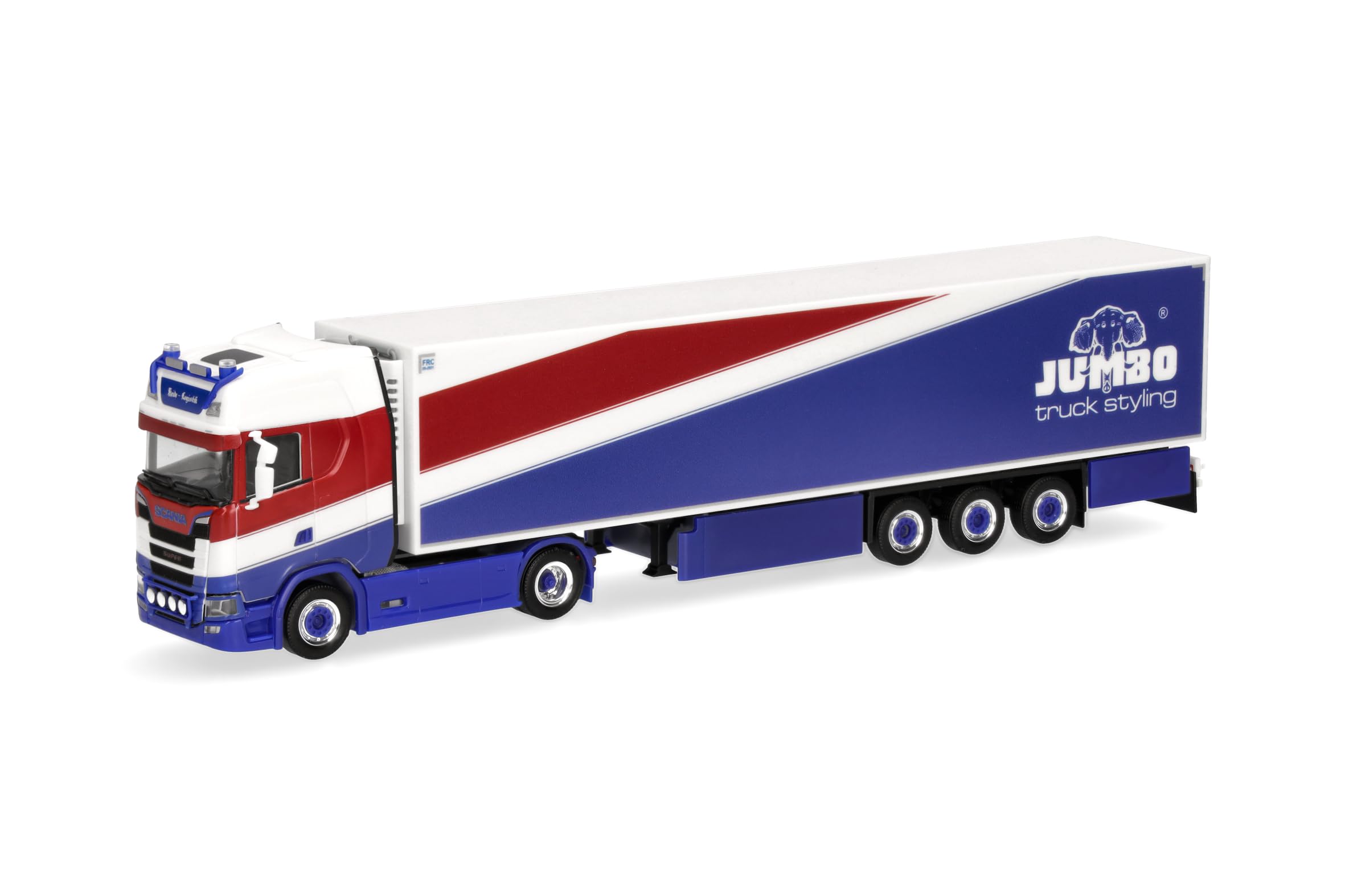 Herpa truck model Scania CS 20 HD refrigerated box semitrailer "Heide Logistik/Jumbo Fischer", on a scale of 1:87, plastic miniature, made in Germany, model building, collectors edition