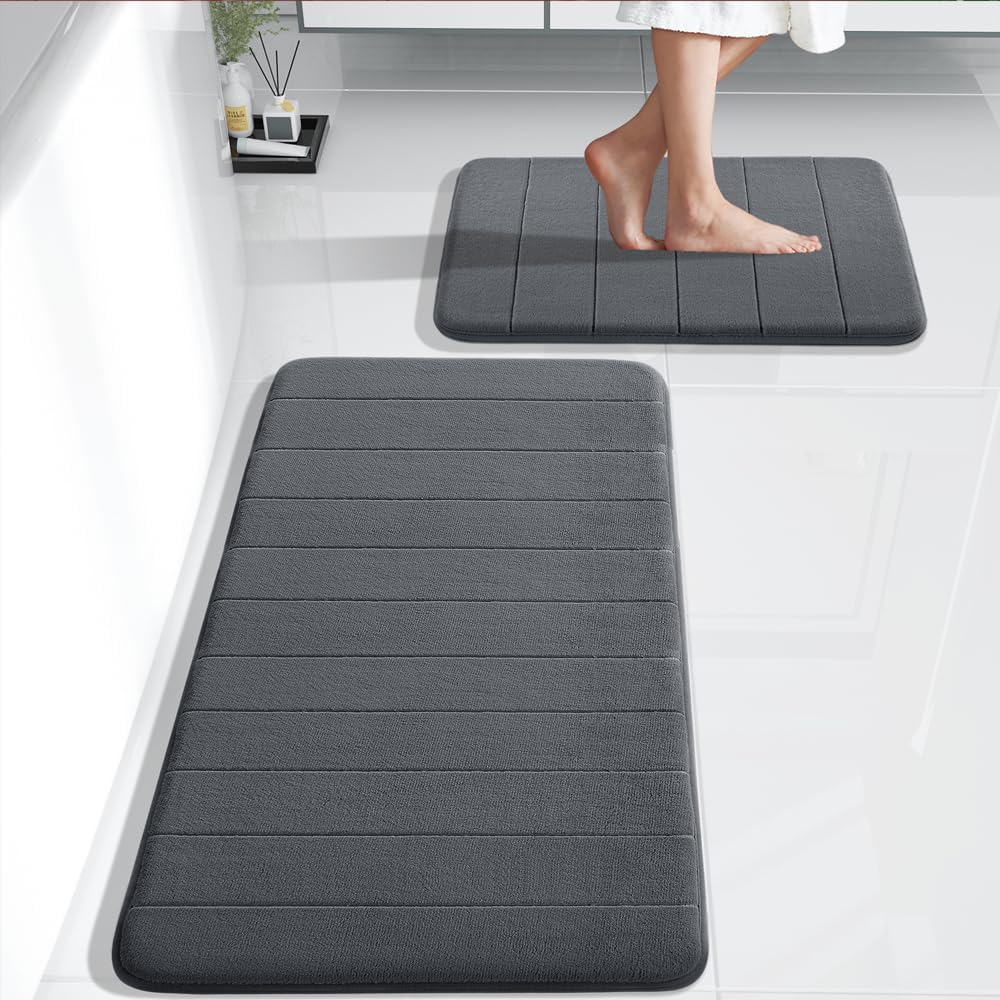 Yimobra Large Bath Mat Set, Soft 2 Pieces Memory Foam Bathroom Rugs, Water Absorption, Non Slip , Thick, Dry Fast for Bathroom Floor Mats, 44.1 x 24 + 24 x 17 Inch, Dark Gray