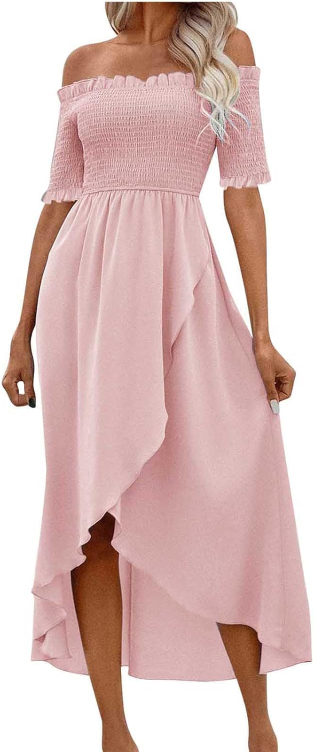 Womens Off Shoulder Summer Wedding Guest Dresses A Line Flowy Dressy Smocked Ruched Irregular Hem Short Skater Dress