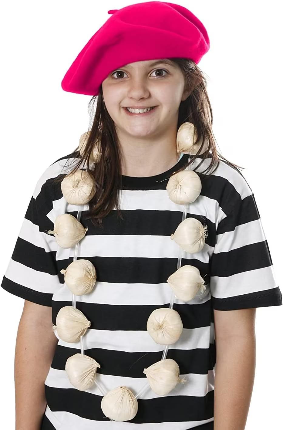 Black And White Striped T-Shirt + Pink Beret + Garlic/Onions Garland Set Necklace French Or Vampire Slayer Fancy Dress Bastille Day (X-Large)