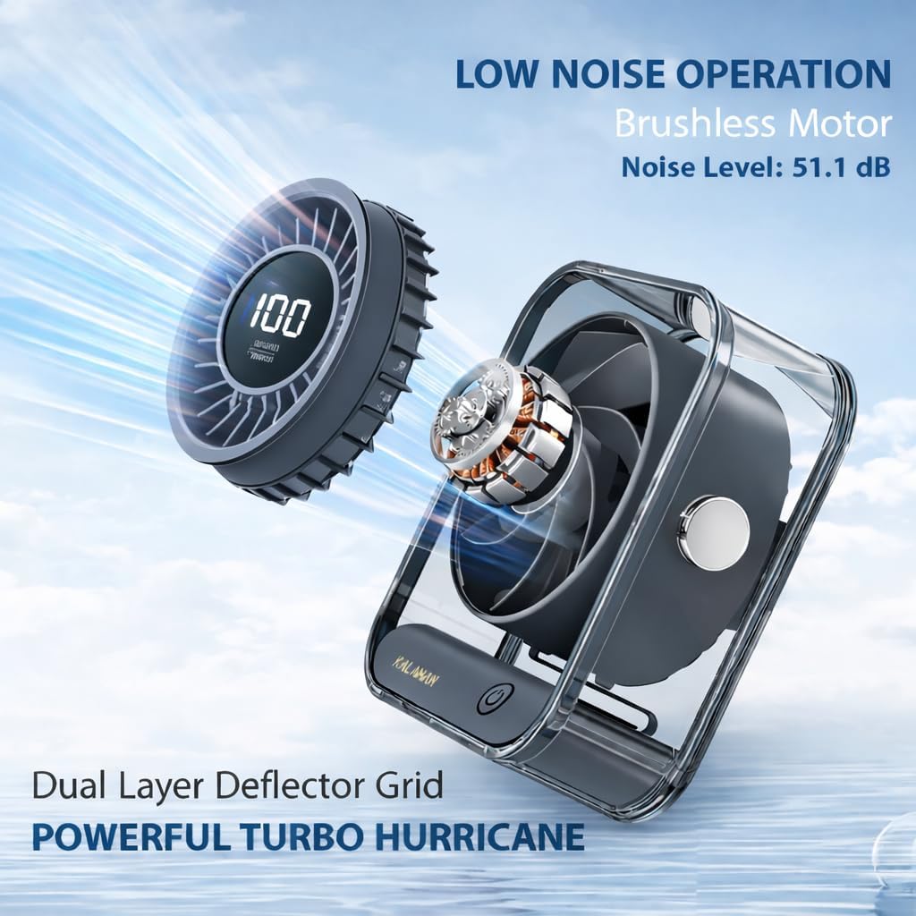 KALAMAN Desk Fan, 4000mAh Quiet Table Fan with Turbo Airflow, 6-Gear Speed Digital Display & 30° Adjustable Tilt, Rechargeable Battery Portable Fan for Home, Office, Travel (Black)