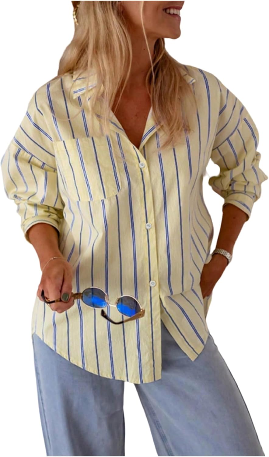 WDIRARA Women's Striped Button Down Shirts Long Sleeve Collared Blouse Button Back Tops