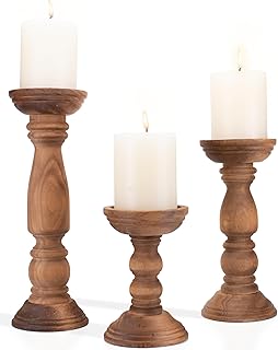 Farmhouse Wooden Candle Holders for Pillar Candles Set of 3, Rustic Wood...