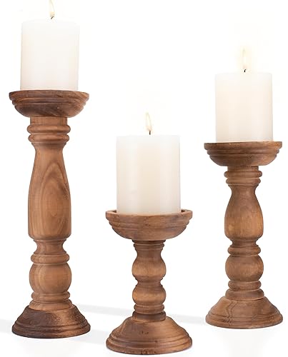 Farmhouse Wooden Candle Holders for Pillar Candles Set of 3,