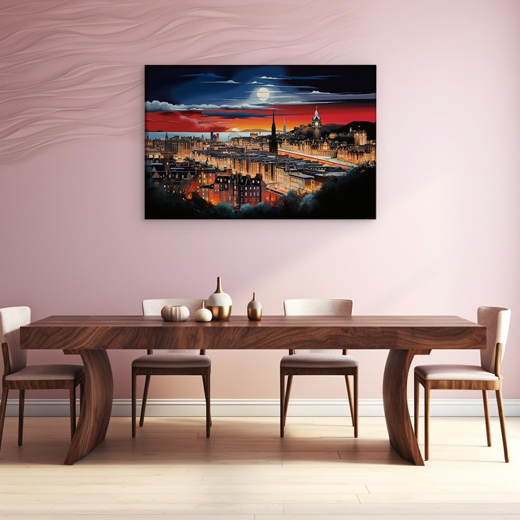 Canvas for Living room. Edinburgh Enchanted: A Moonlit Masterpiece Unveiling the City's Sleeping Beauty, 27 x 18 inch Canvas Wall Art - Contemporary Masterpieces - Modern Home Decor