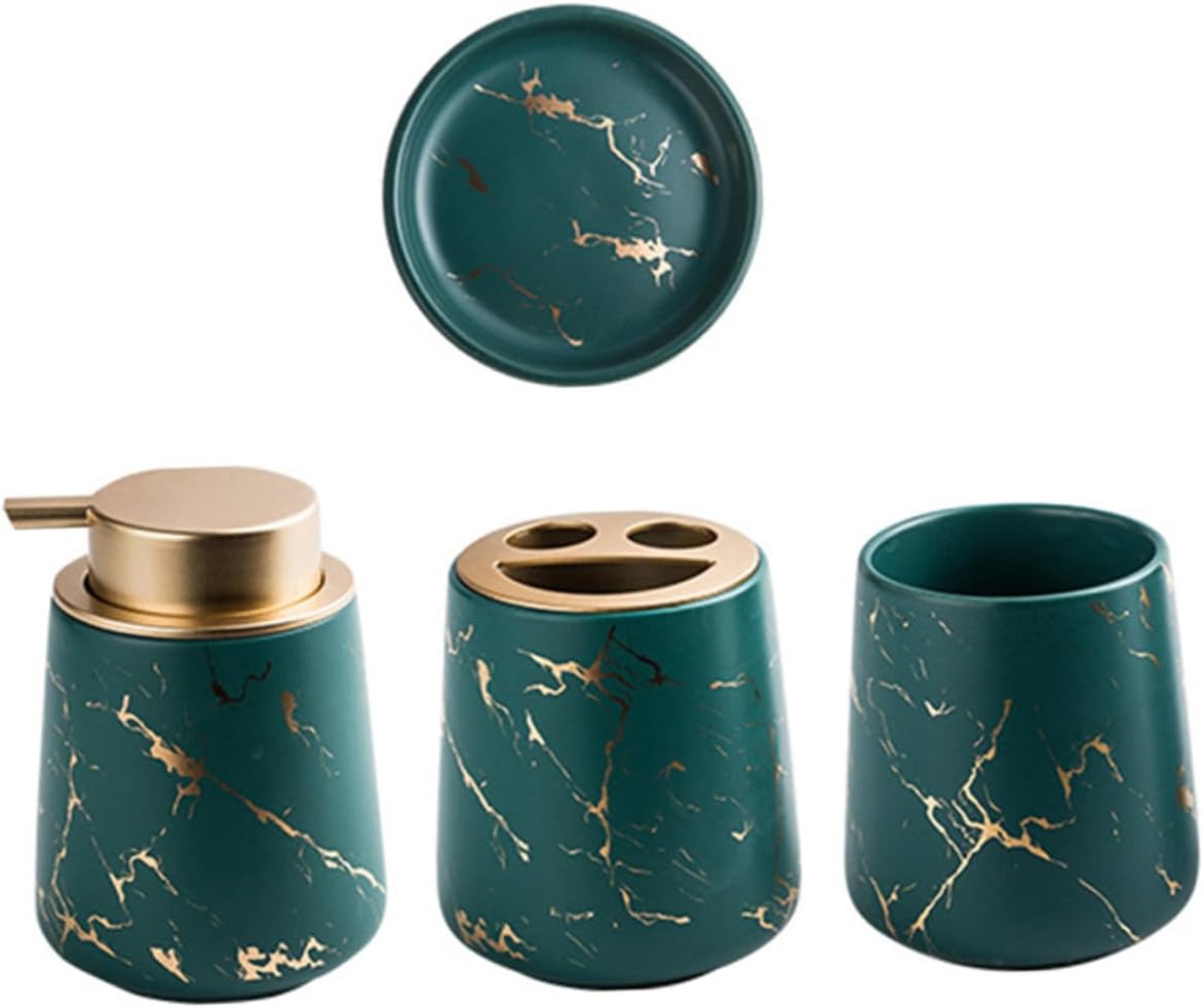 Dark Green Ceramic Bathroom Washing with Toothbrush Holder Mouthwash Cup Soap Dish Lotion Bottle Marble Print Vanity Organizer for Tidy Toothpaste Storage