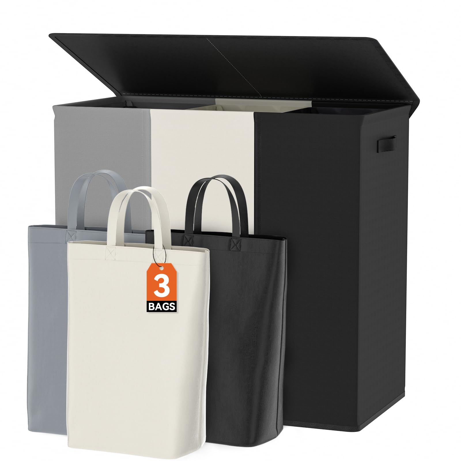 WOWLIVE Wäschekorb Mit Deckel, 180 L, 3 Fächer – Zusammenklappbarer Organizer Für Waschküche