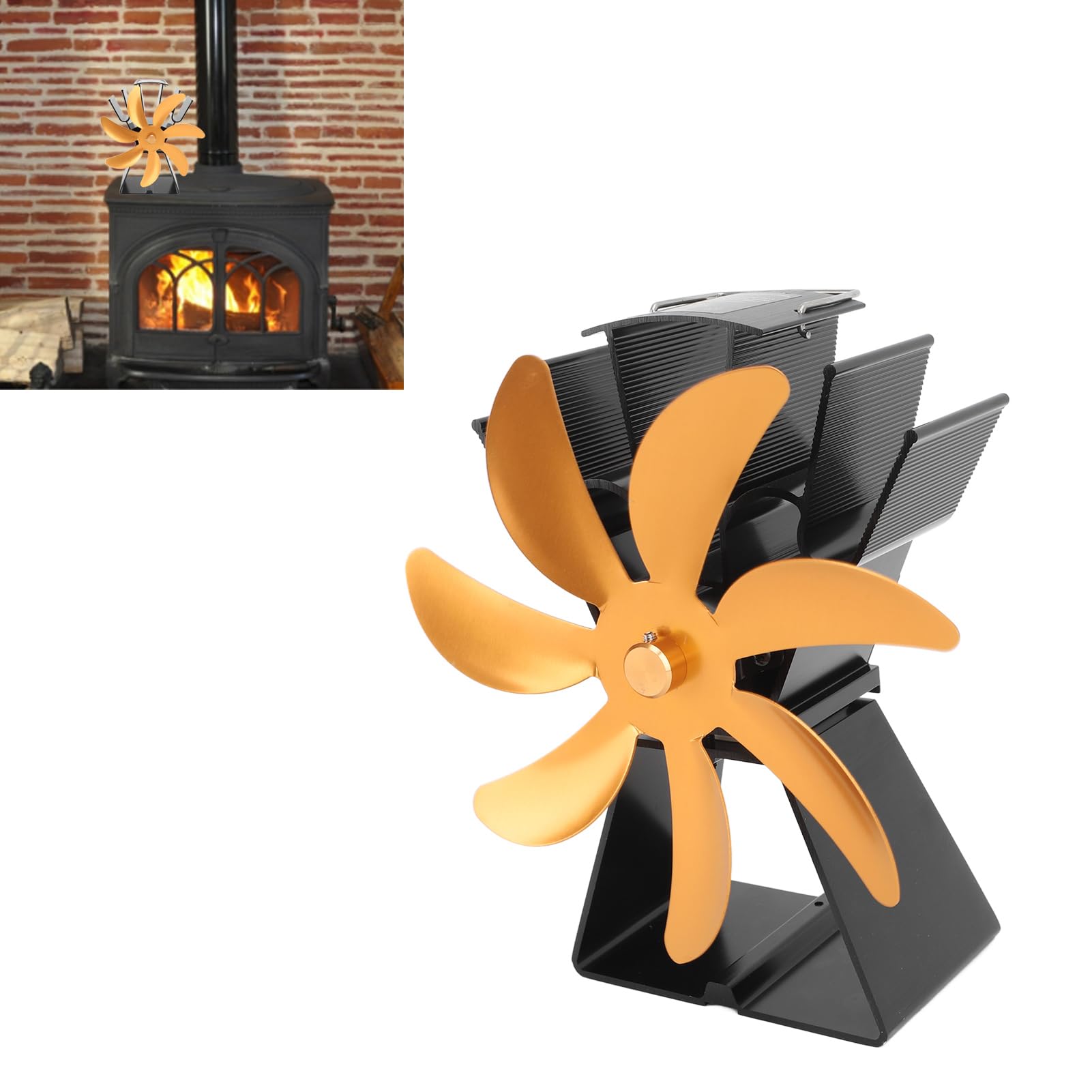 mingzhe Ventilatore per Stufa Alimentato a Calore a 7 Pale Funzionamento Silenzioso Ecologico per Caminetti Domestici Design Compatto in Lega di Alluminio (Oro)
