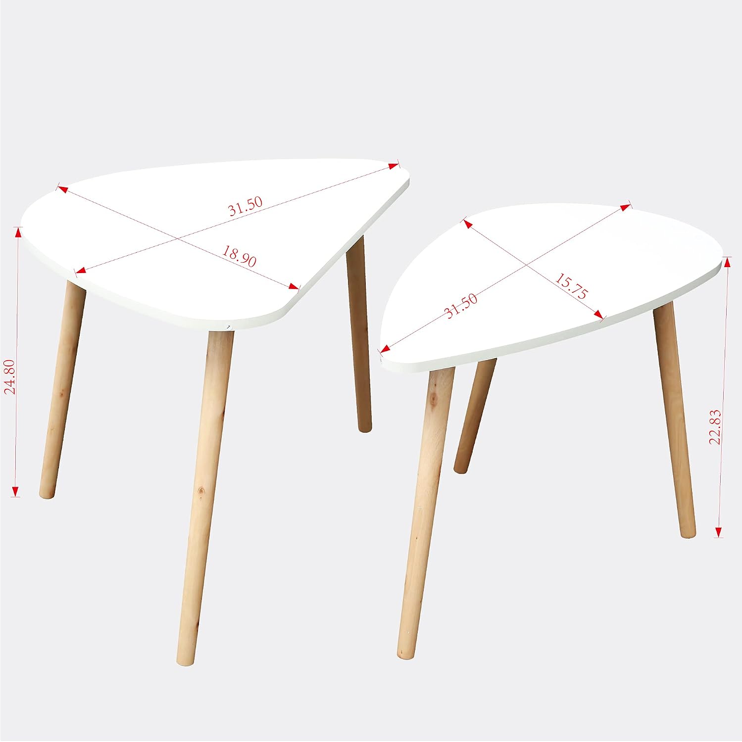 Elegant White Nesting Coffee Tables for Living Room, Modern Triangle Table and Oval Table Set of 2 for Small Space, Cocktail Table Tea Table Drop Shape Table with Solid Wood Leg (Marble) (White)