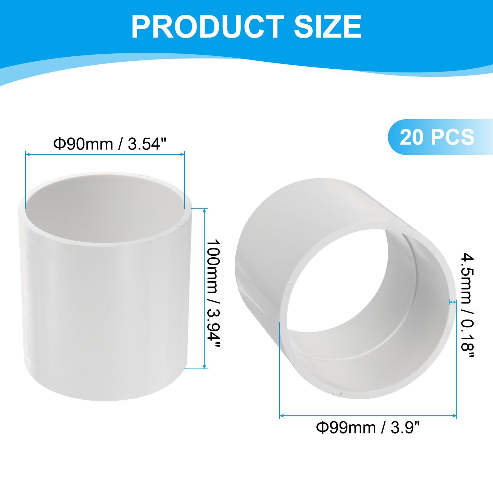 PATIKIL Adaptador Acoplamiento Tubería Recta PVC 3-1/2" 20 Piezas Conector Enchufe Deslizante Tubería Recta para Uso Extensiones Tuberías Sistemas Riego Goteo Industrial y Doméstico Blanco