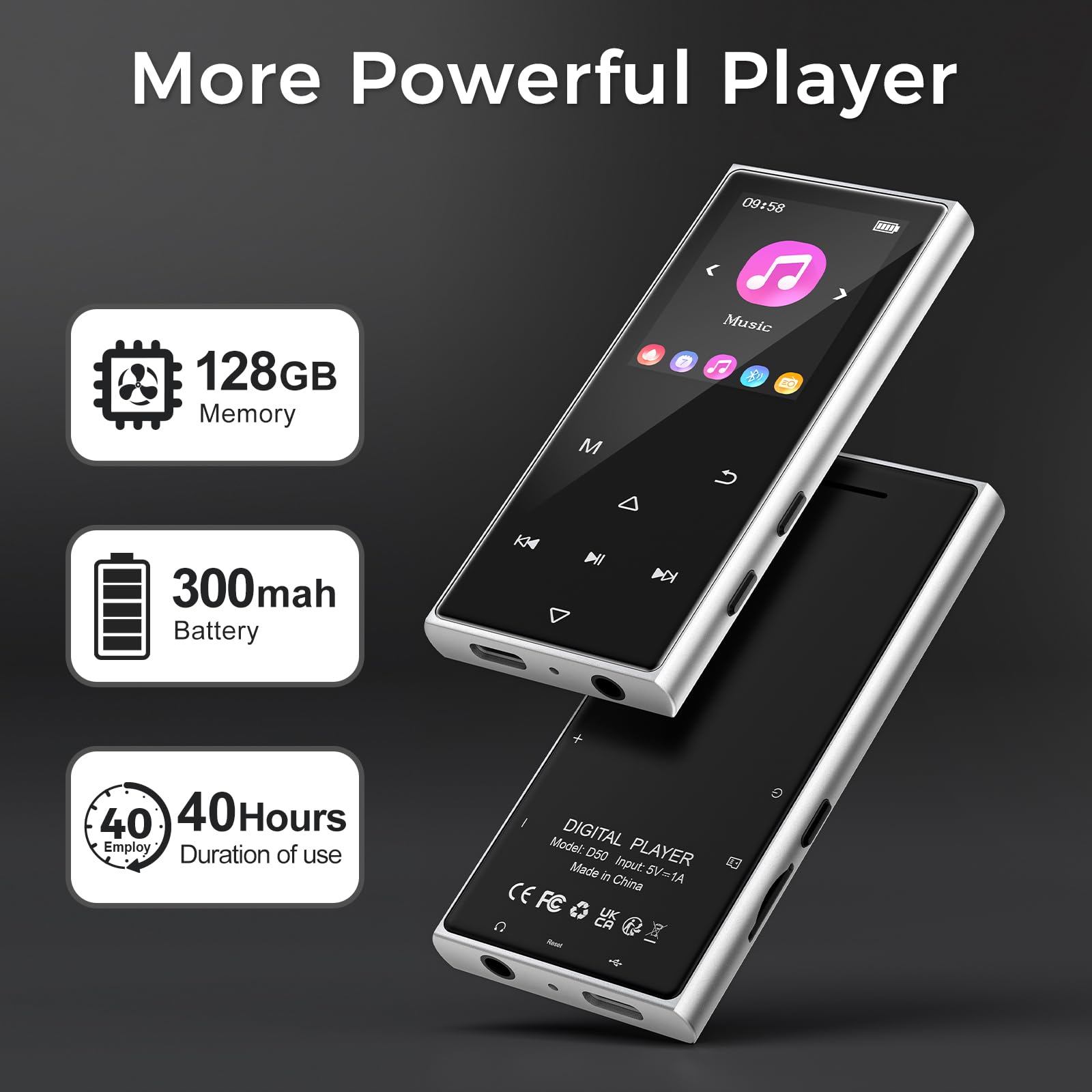 128 GB Lettore MP3 Bluetooth 5.3, MP3 Lettore Musicale con Cuffie, Dittafono, Suono HiFi, Schermo a Colori da 1,77 Polliciideale per Sport, Nero