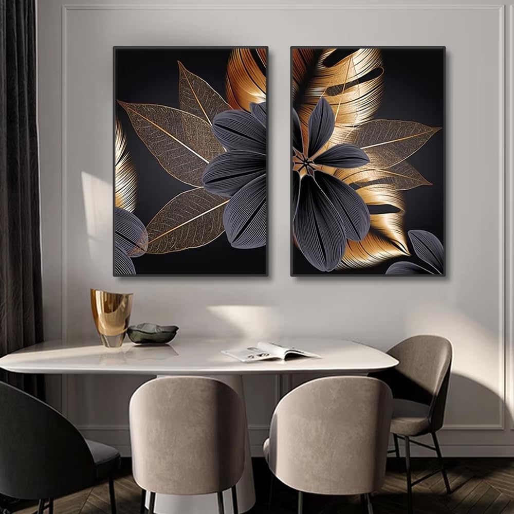 DFZEWKI Black Golden Plant Leaf Canvas Painting Abstract Wall Art Nordic Living Room Decoration Picture Modern Home Decor(70x90cm(28x35in) x2/No frame)