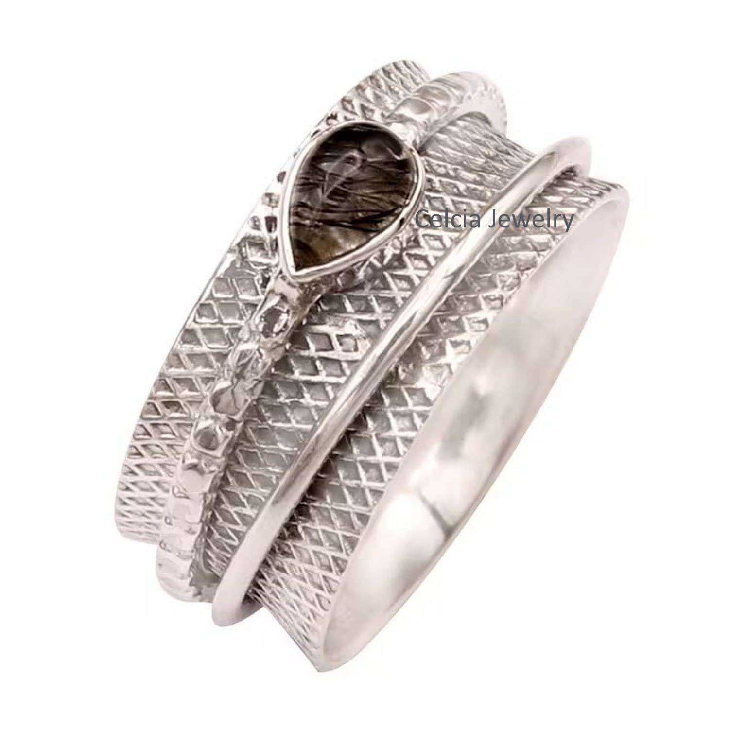Anillo giratorio de cuarzo rutilado negro en plata, anillo de meditación para hombres y mujeres, anillo de regalo para el Día de la Madre (talla 7 de EE. UU.)