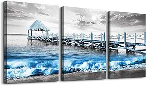 DZRWUBHS Canvas Wall Art - Modern Decor for Bedroom, Living Room, & Office - Black and White Beach Scene - 3 Framed Posters, Large Size