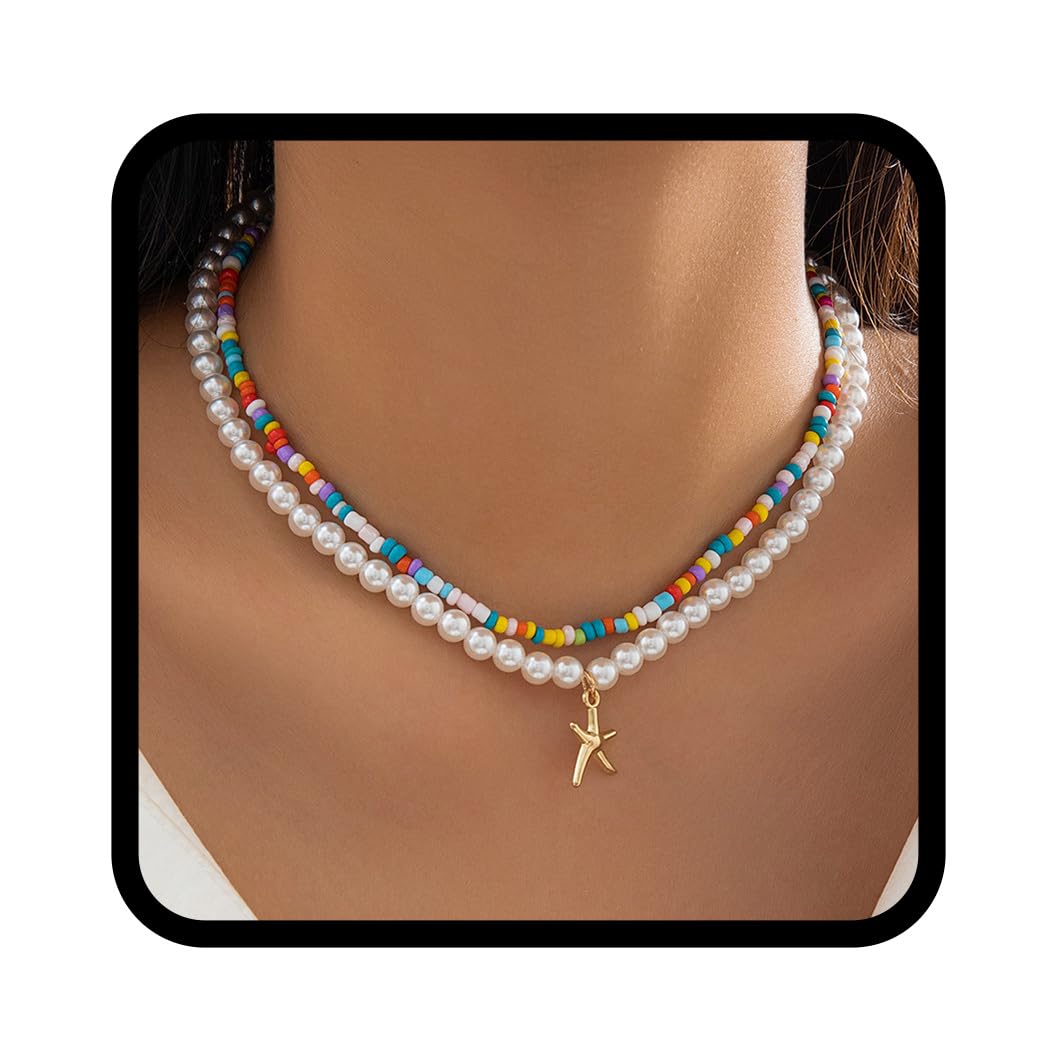 Zoestar Collar doble bohemio con colgante de estrella de mar dorada, gargantilla con cuentas de perlas, collar de playa, joyería de cadena para mujeres y niñas