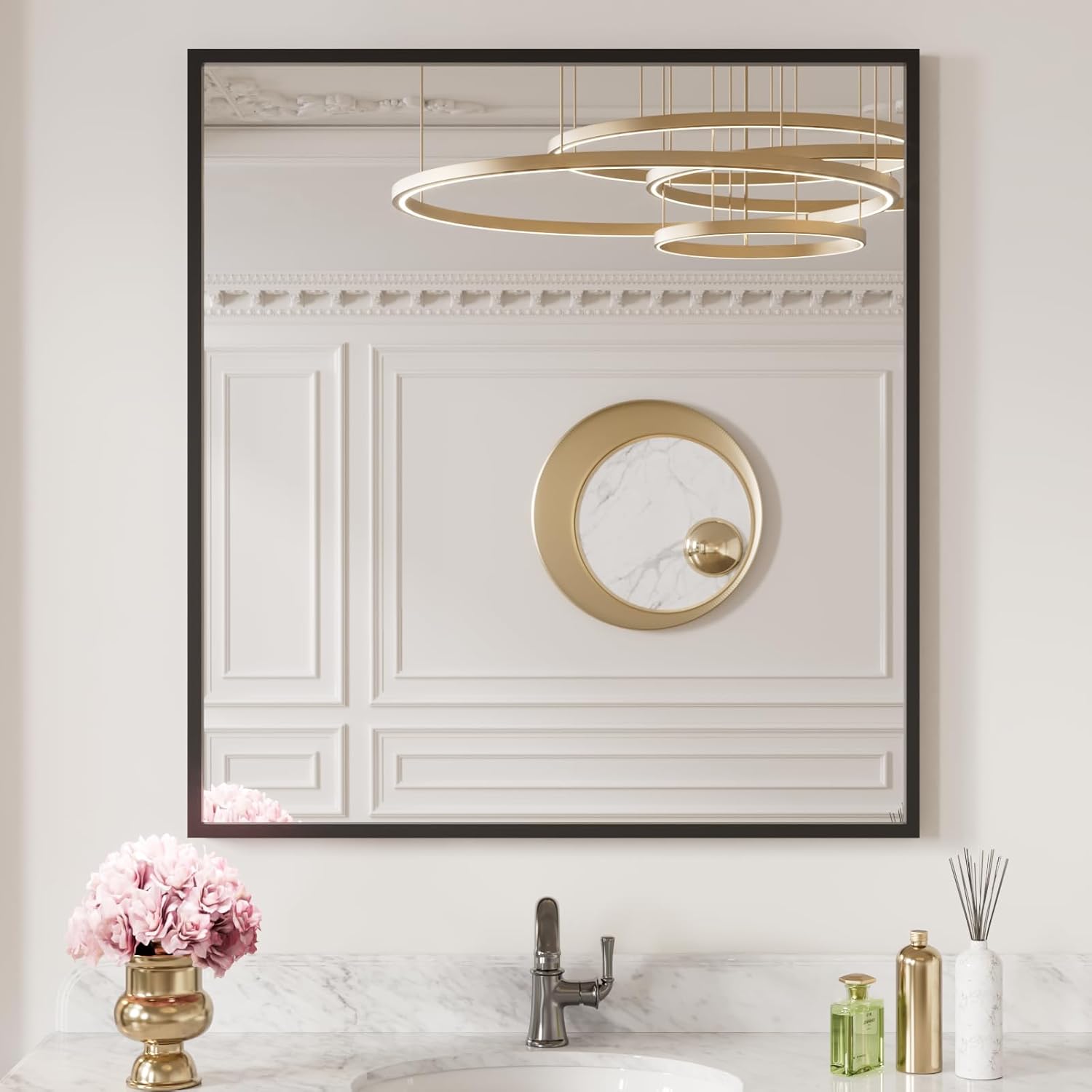 LOAAO 30"X36" Black Rectangle Bathroom Mirror Wall, Matte Black Aluminum Alloy Frame, Tempered Glass, Hangs Vertically or Horizontally, Easy to Install Black 30"L x 36"W