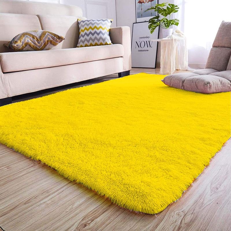 Image of Carpet for Living Room, Bedroom and Hall Handmade Microfiber Cozy Soft and Fluffy Shaggy Area Rug with 2 inch Thick Anti Skid Carpet [3x5 Feet Yellow]