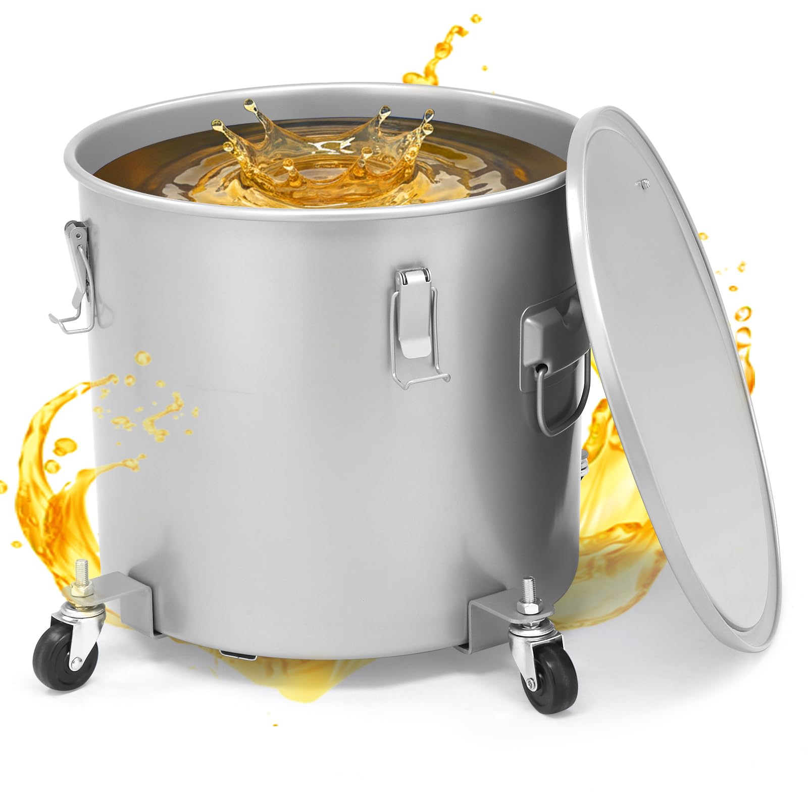 Outvita Fryer Grease Bucket, 10 Gal Oil Disposal Caddy with Caster Base, Carbon Steel Rust-Proof Coating, Oil Transport Container with Lid, Lock Clips, Filter Bag for Transport Cooking Filtering