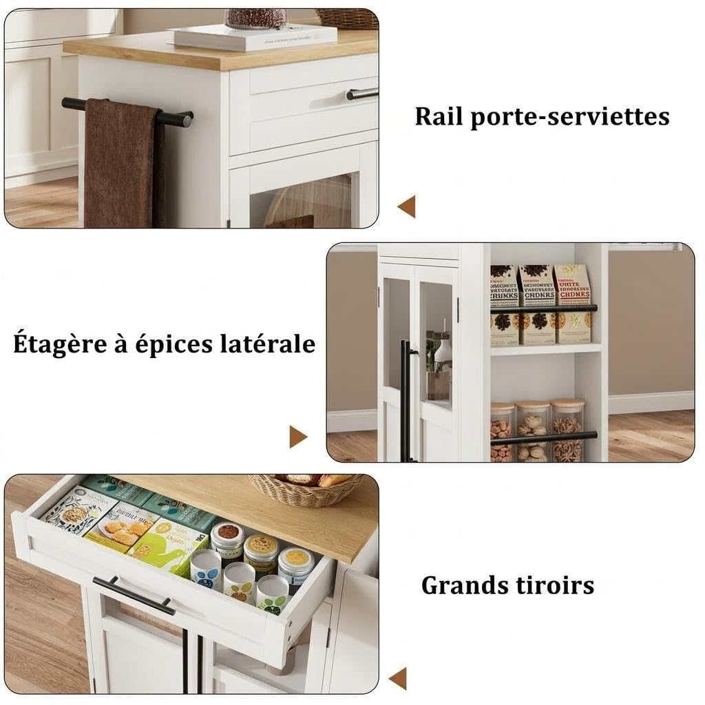 Îlot De Cuisine Mobile Style Campagnard Avec Roulettes Verrouillables