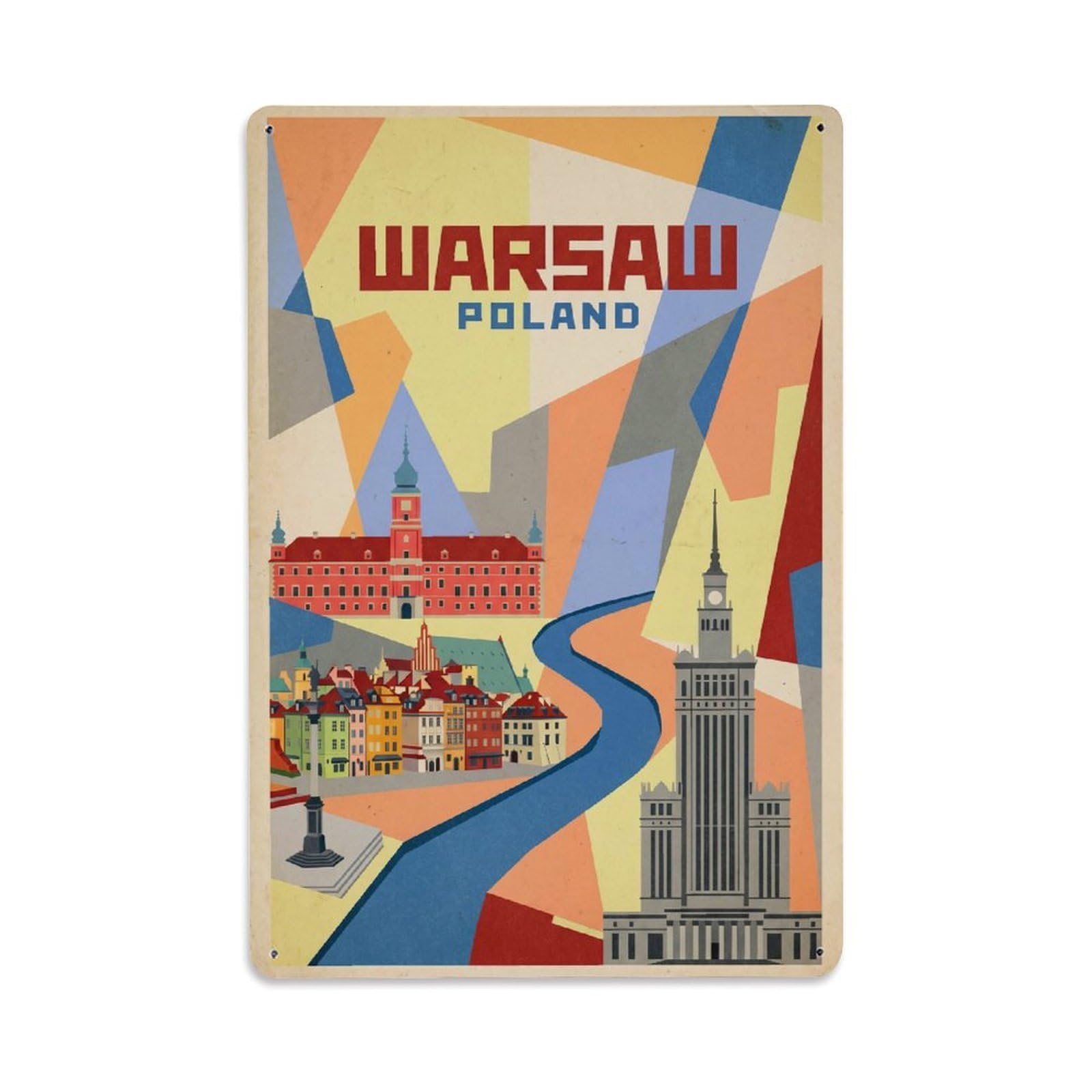 Vintage Travel Poland Warsaw Metal Tin Sign Plaque Wall Decor for Cafe, Club Bar, Office, Garden Metal Poster 8x12Inch