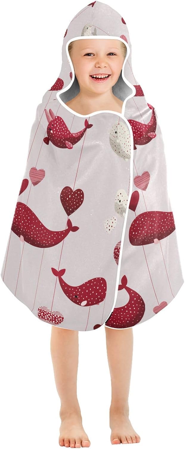 Toddler Bath Towel Wine Red Valentines Shaped Narwhal Hooded Towels for Kids Quick Dry