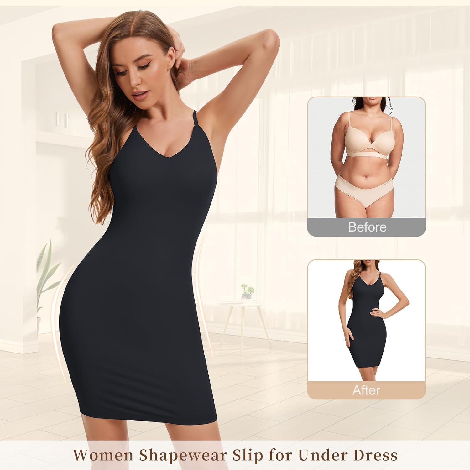 Shapewear Dress Slip for Women Tummy Control V Neck Full Slip Seamless Body Shaper with Adjustable Strap - Image 3