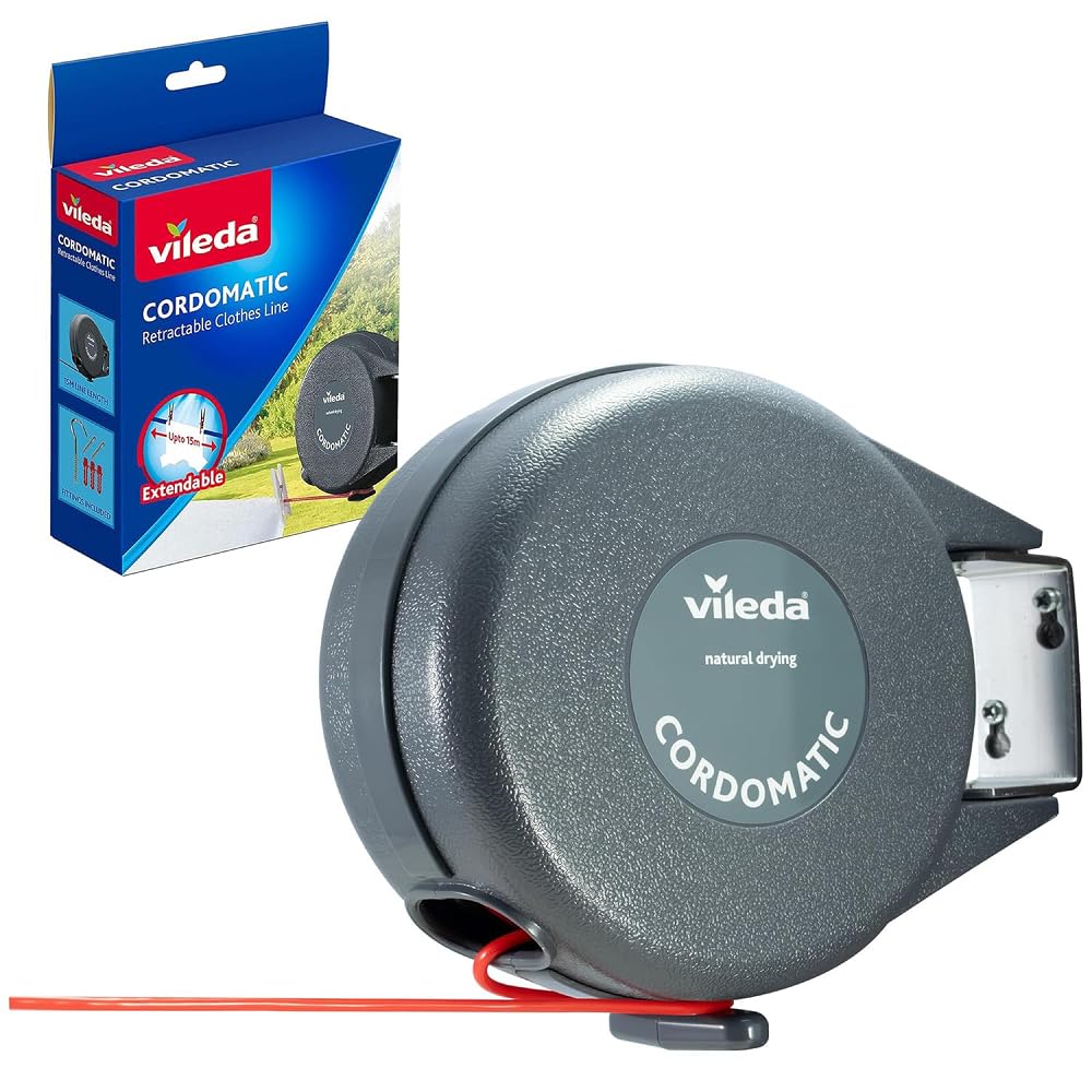 Vileda Cordomatic Retractable Washing Line 15m Wall Mounted Clothes Line Holds Up to 15kg Extendable Drying Line with Automatic Retraction for Indoor Outdoor Laundry Use
