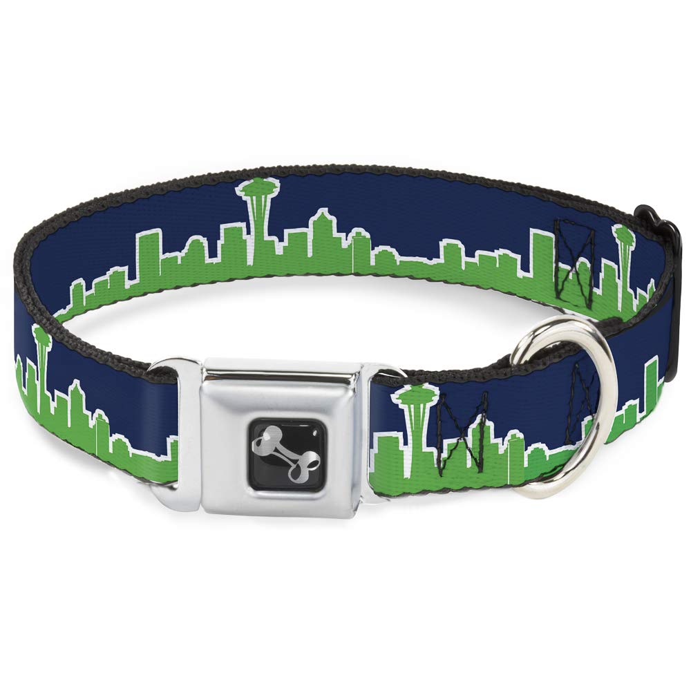 Buckle-Down Dog Collar Seatbelt Buckle Seattle Skyline Navy Bright Green, Multicolor, 1.5" Wide - Fits 16-23" Neck - Medium (DC-W37111-WM)