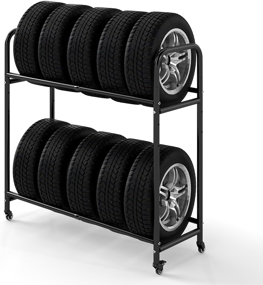 Hershii Adjustable Rolling Tire Storage Rack - Heavy-Duty Black Garage Shelf, 24.8-42.5" Wide, Mobile with Brake Wheels