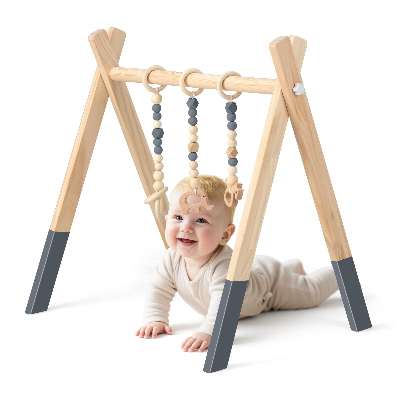 COSTWAY Baby Spielbogen Holz, Spieltrapez klappbar, Baby Gym mit 3 abnehmbaren Kinderspielzeugen, Spieltrapez für Babys über 3 Monate, Holzspielzeug zur Gehirnentwicklung (Grau)