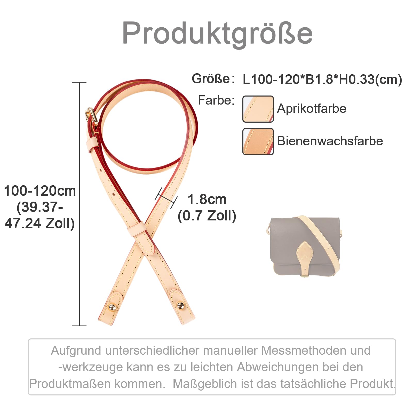BERRY & SNOWY Oberleder-Vachetta Ersatz-Schulterriemen ohne Schnalle – Verstellbar, zum Umhängen, passend für Saumur Cartouchiere Vintage-Taschen (1,8 cm Breite, Aprikosenfarbe)