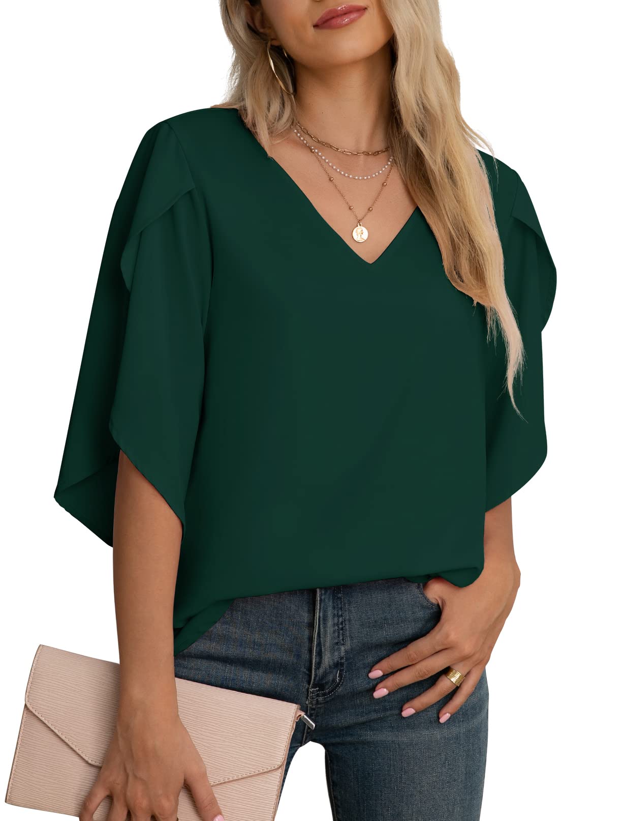 Yommay Blusa de gasa para mujer, elegante, casual, holgada, manga 3/4 con volantes, cuello en V, blusa de verano