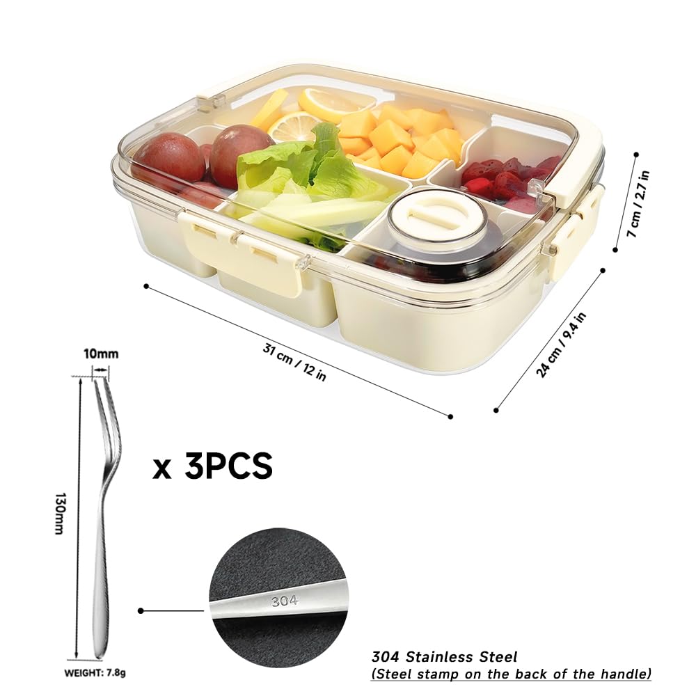 Luxear Snackbox met compartiment, snackbox, 2 stuks, met 4 2 vakken, verwijderbaar, verdeelde dienblad met deksel, vaatwasmachinebestendig, voedselopslag voor fruit, snoep, noten, lunch, reizen