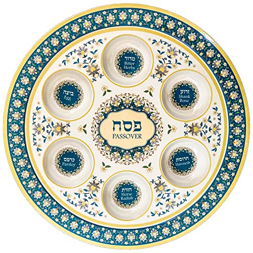 The Dreidel Company Lightweight Melamine Passover Seder Plate (Turquoise Floral Design)