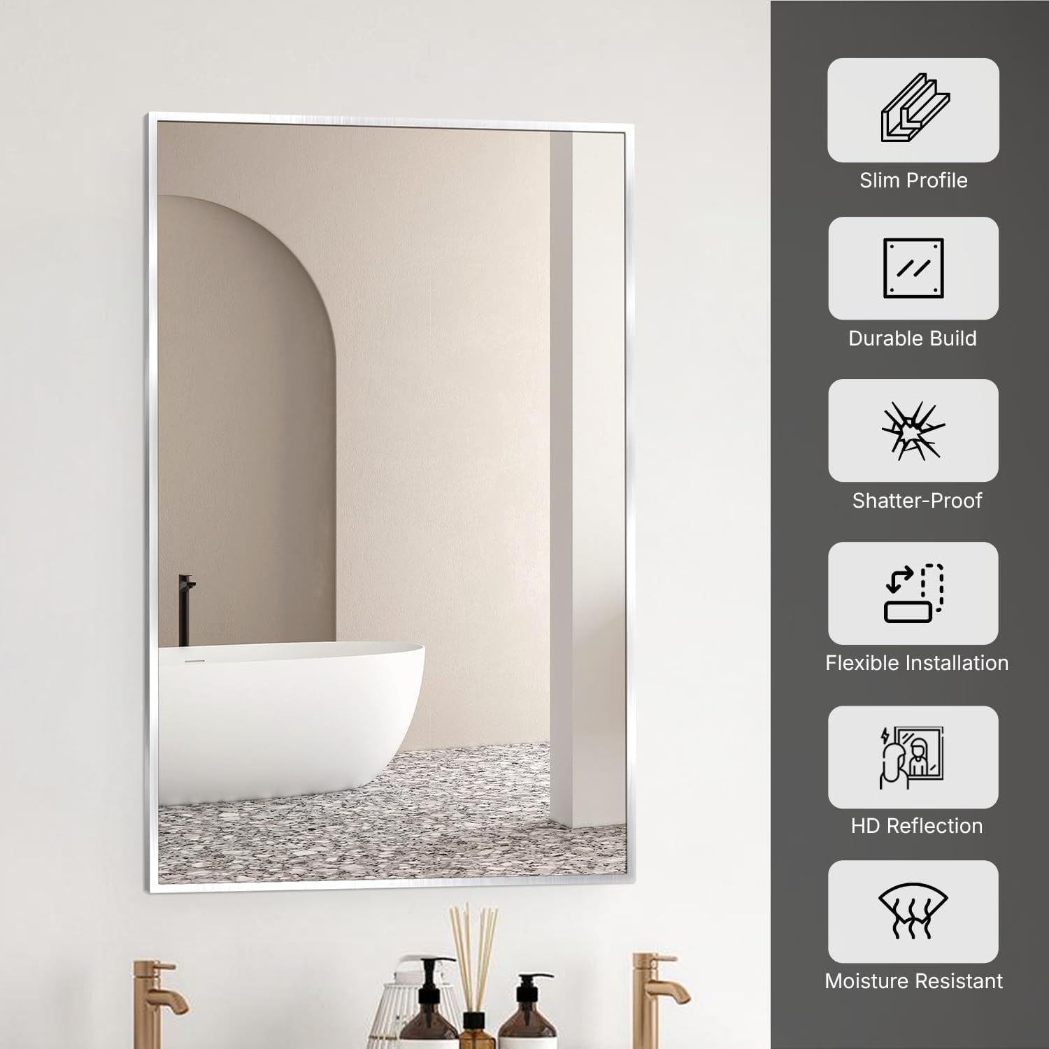 HOUSE REFLECTION 22 x 34 Inch Brushed Nickel Mirror – HD Ultra-Clear Tempered Glass, Beveled Edge, Rust-Proof, Water-Resistant, Vertical/Horizontal Installation, Scratch-Resistant Bathroom Mirror