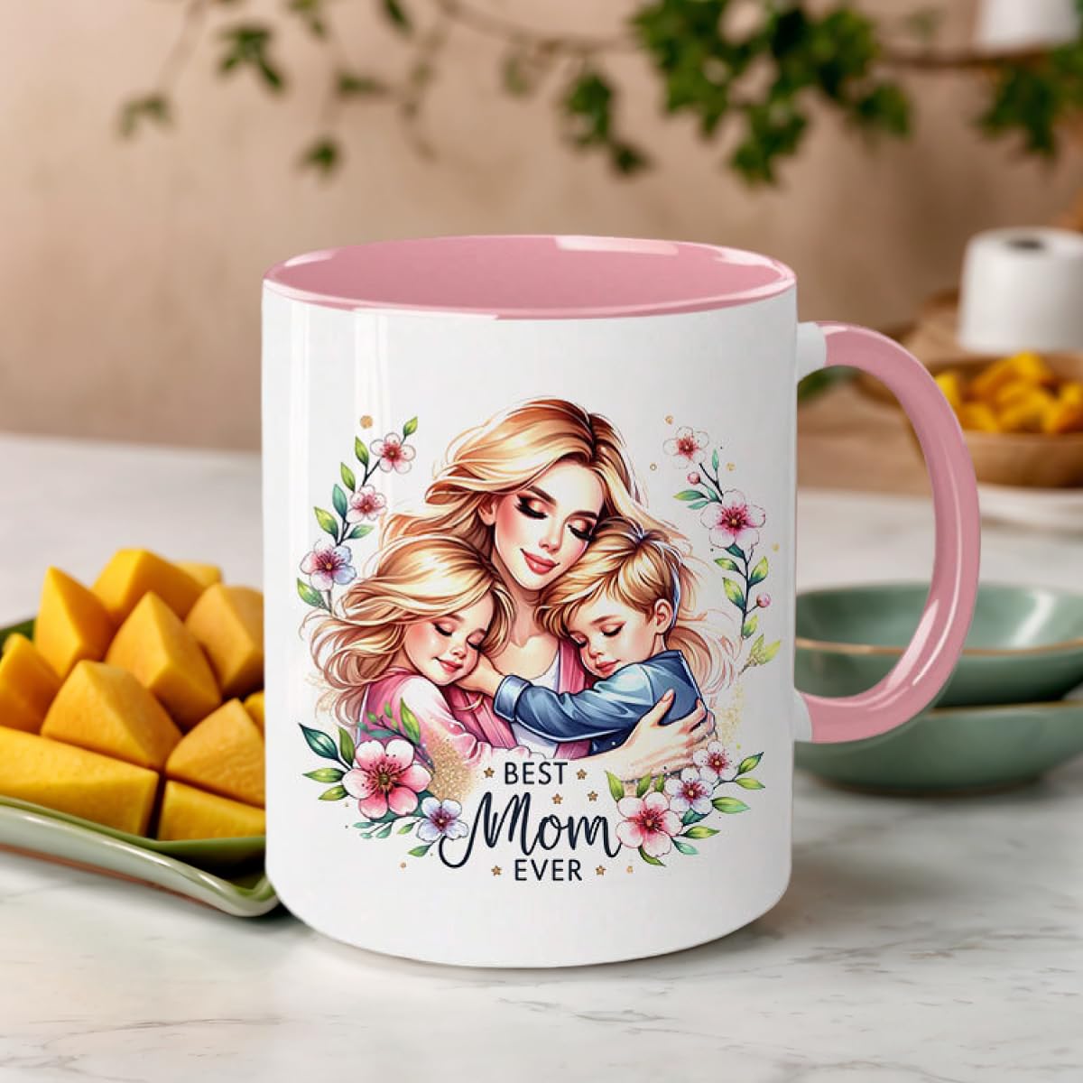 Mothers Day Gifts for Mom - Ceramic Mug with Floral and Heart Design 11oz Microwave Safe Coffee Cup