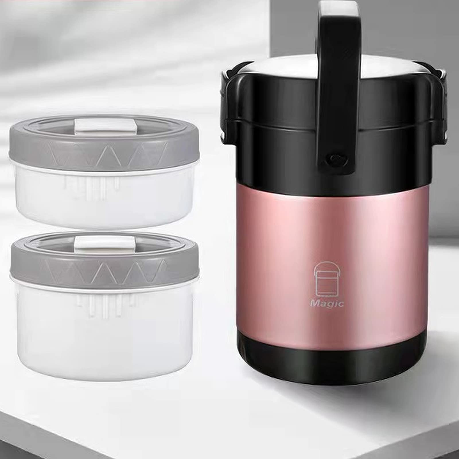 Caja de almuerzo apilable de acero inoxidable de 3 niveles, olla aislada a prueba de fugas de acero inoxidable, apta para llevar alimentos a la oficina, picnic al aire libre, (1900 ml, rosa)