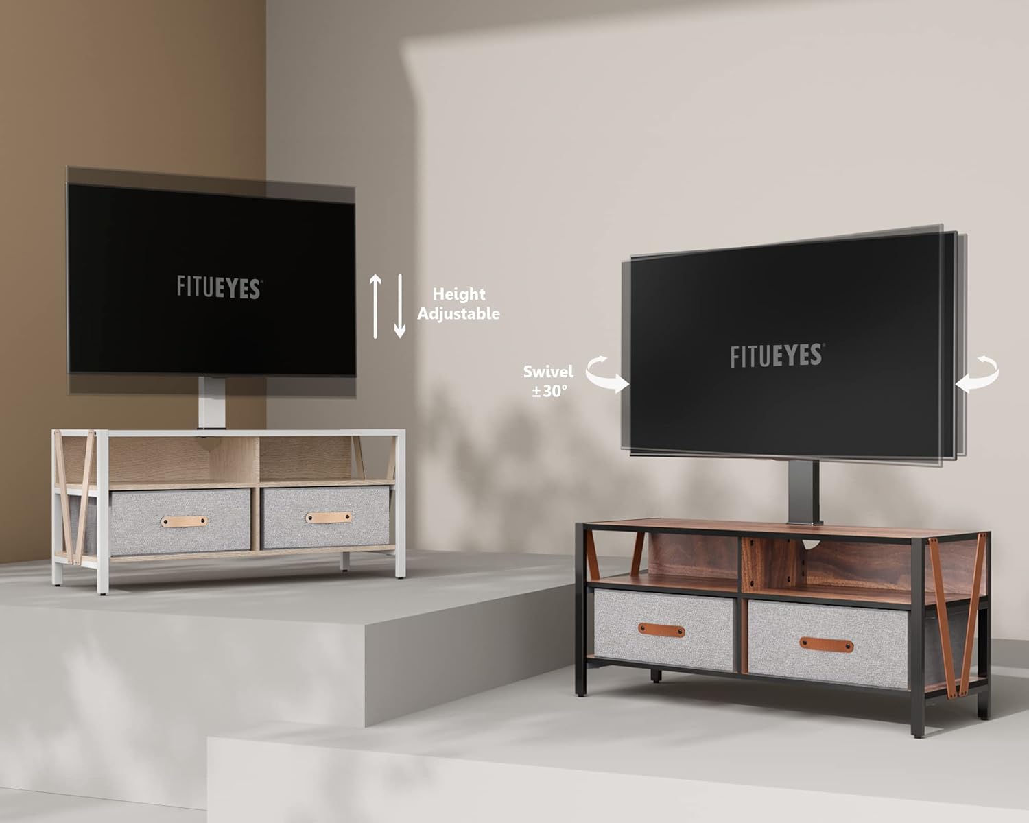 FITUEYES No Drill Swivel TV Stand with Mount for 37-75 Inch TVs up to 88lbs, Entertainment Center with Storage, TV Console with Removable Fabric Drawers, Height Adjustable, Max VESA 400x600mm, Walnut