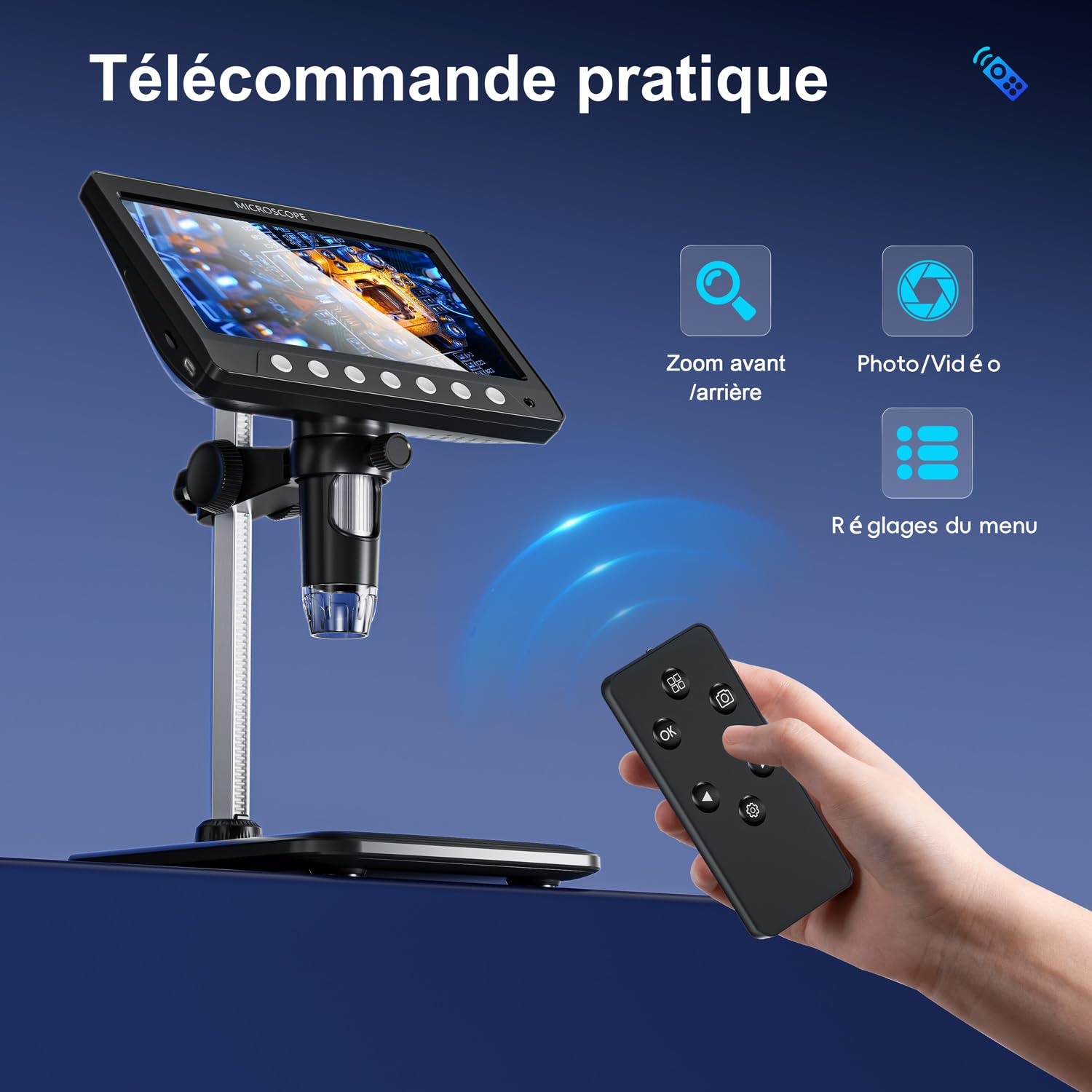 Microscopio CIMELR, microscopio Digital de 7 Pulgadas, resolución de 50X-1200X, con 8 Luces LED Ajustables, microscopio para Adultos, Tarjeta TF de 32 GB (Negro)