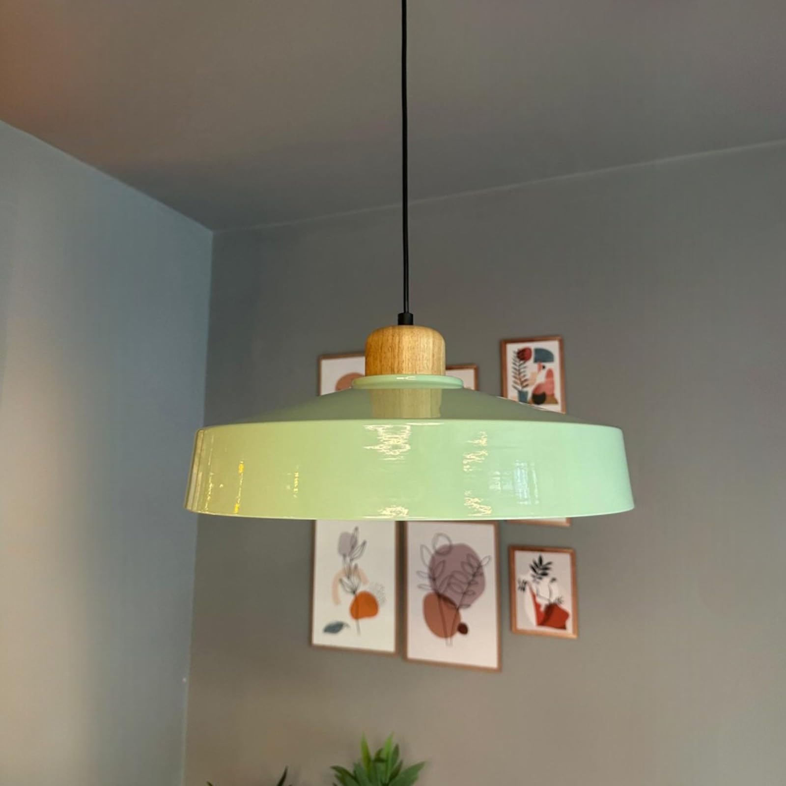 bamyum Ace Holz Hängelampe Esstich Ø40cm, Pendelleuchte Vintage, Hängelampe Industrial aus Metall Holz E27, Wohnzimmerlampe Hängend Vintage, Pendelleuchte Esstisch und Wohnzimmer, Küchenlampe Minzgrün