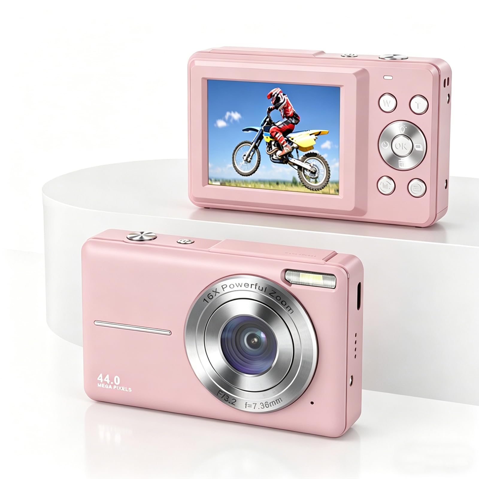 Andoer Fotocamera digitale con 2 batterie ricaricabili,memoria da 32 GB 1080P 44 M HD Zoom digitale 16X Anti-shake Messa a fuoco automatica Schermo IPS 2.5 Schermo LCD Sorriso per Bambini,rosa chiaro