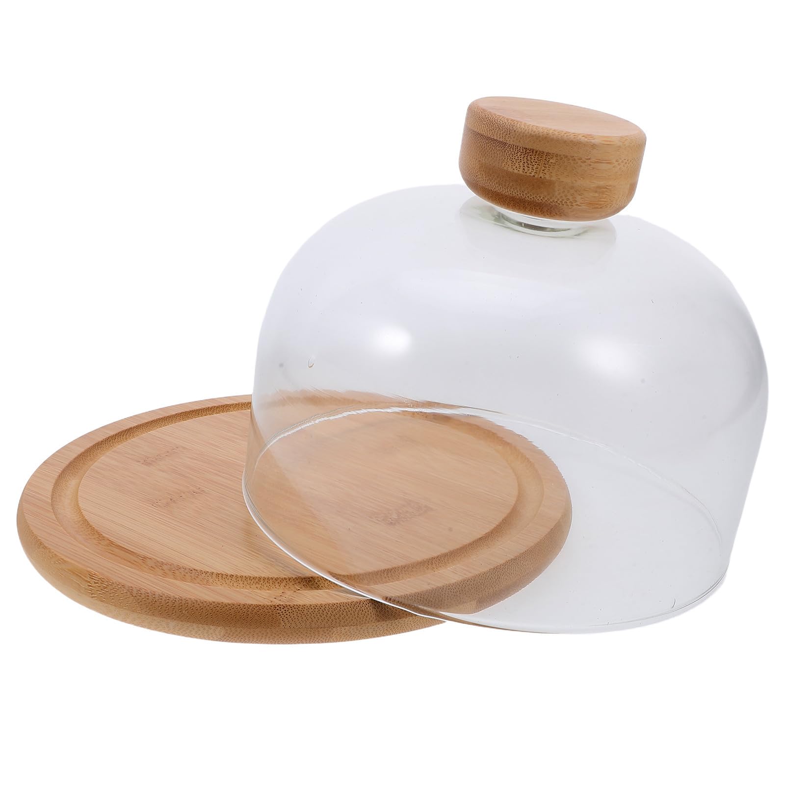 Uonlytech Soporte para Pastel de Bodas con Cúpula de Vidrio y Base de Bambú, Bandeja para Servir Postres con Tapa, Diseño Antipolvo y Exhibición Completa para Fiestas y Uso Diario
