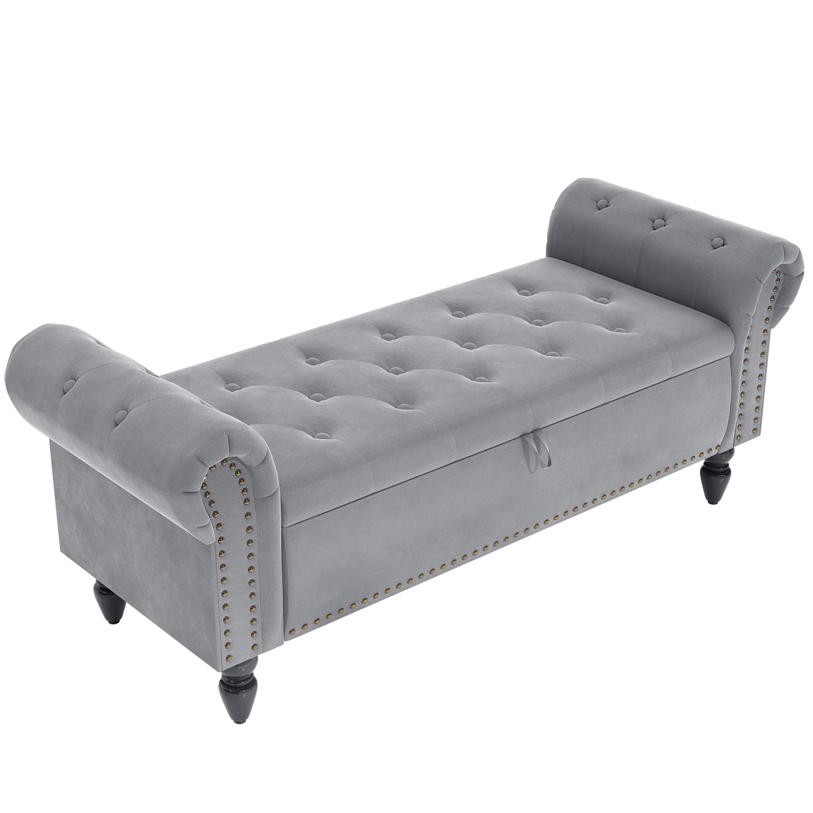 Clevich Banco con Almacenaje 133cm, Terciopelo Baul Almacenaje Dormitorio con Varilla de Elevación, Estilo de Francés, Extremo de la Cama con Tapa, Patas de Madera Maciza (Gris Claro)