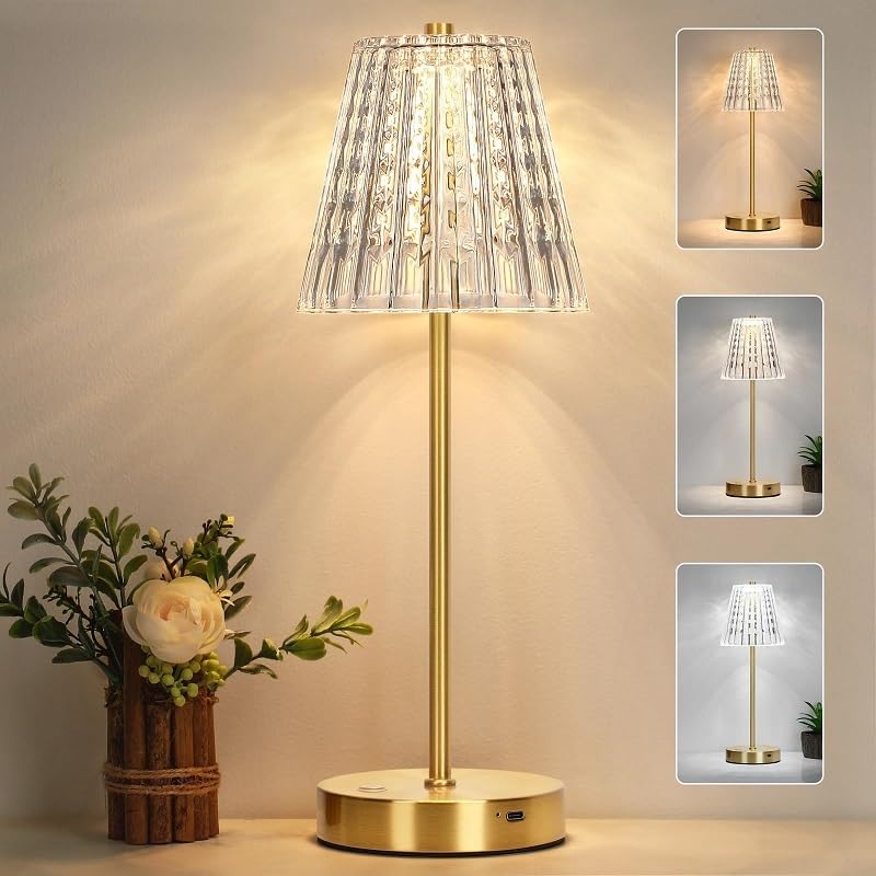 Rechargeable Crystal Table Lamp,Diamond Crystal Cordless Beside Lamp,3 Color Modes Stepless Dimmable LED Touch Lamp,Vintage Lamp for Bedroom Living Room Restanrant Indoor Outdoor (Gold)